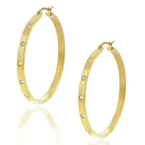 Stainless Steel Yellow Gold-Tone White CZ Round Hoop Earrings