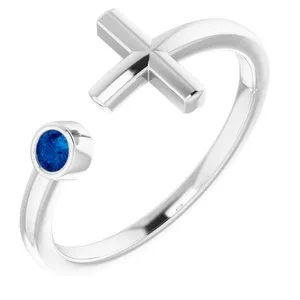 Sterling Silver Chatham® Created Blue Sapphire Negative Space Cross Ring