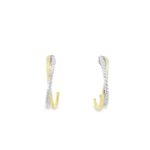 Sterling Silver Rhodium and Yellow Gold Plated Half Hoop Twisted Cross Over Stud Earrings