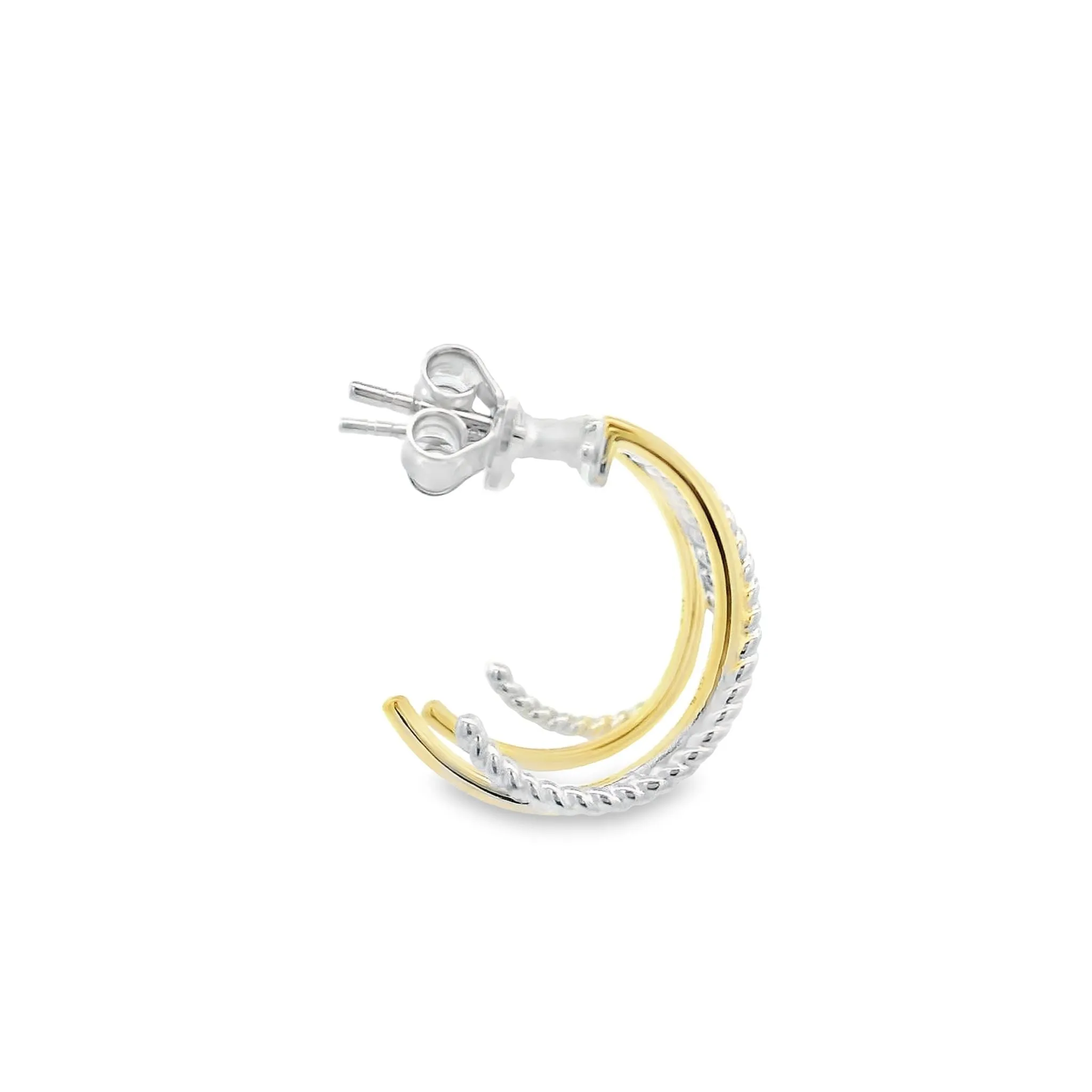 Sterling Silver Rhodium and Yellow Gold Plated Half Hoop Twisted Cross Over Stud Earrings