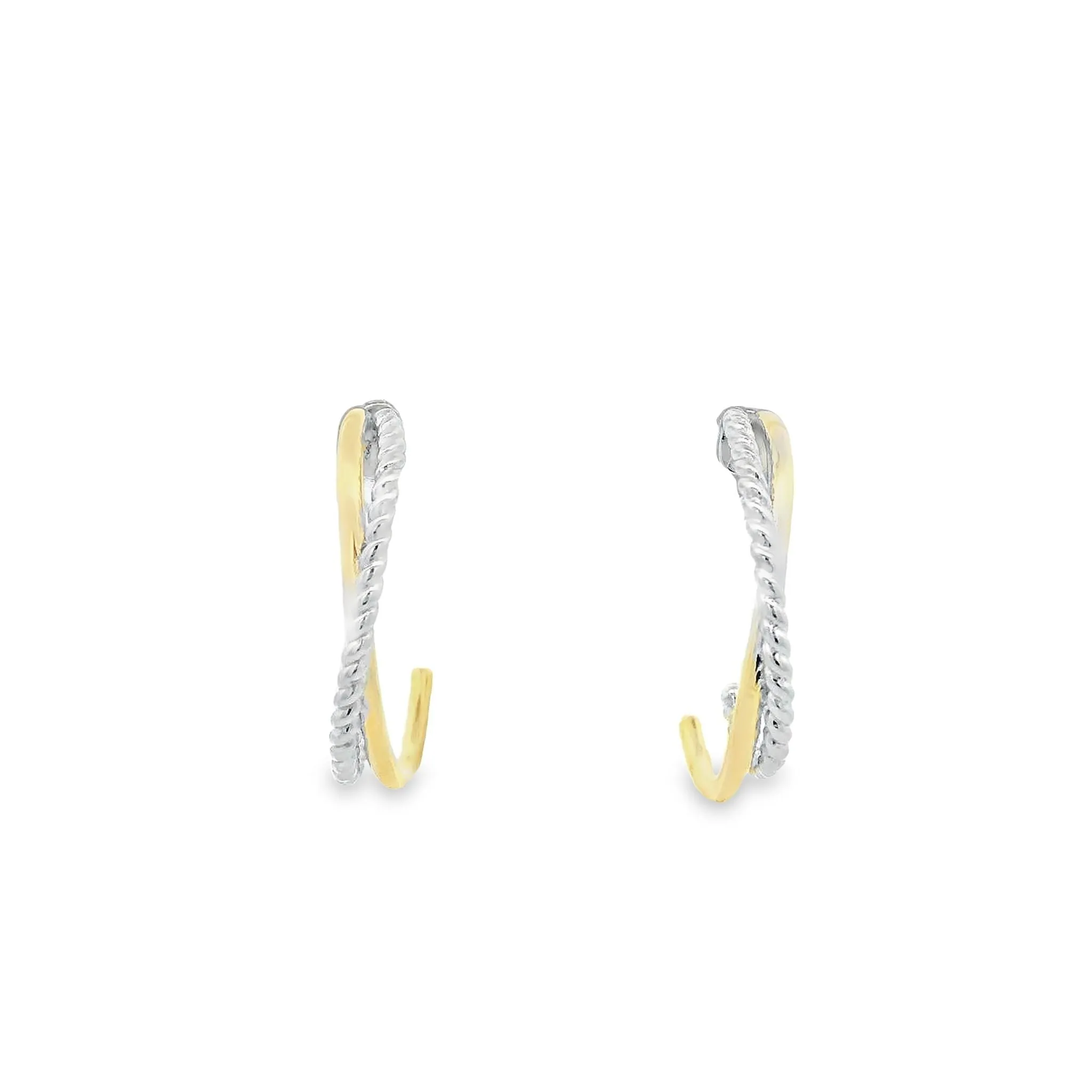 Sterling Silver Rhodium and Yellow Gold Plated Half Hoop Twisted Cross Over Stud Earrings