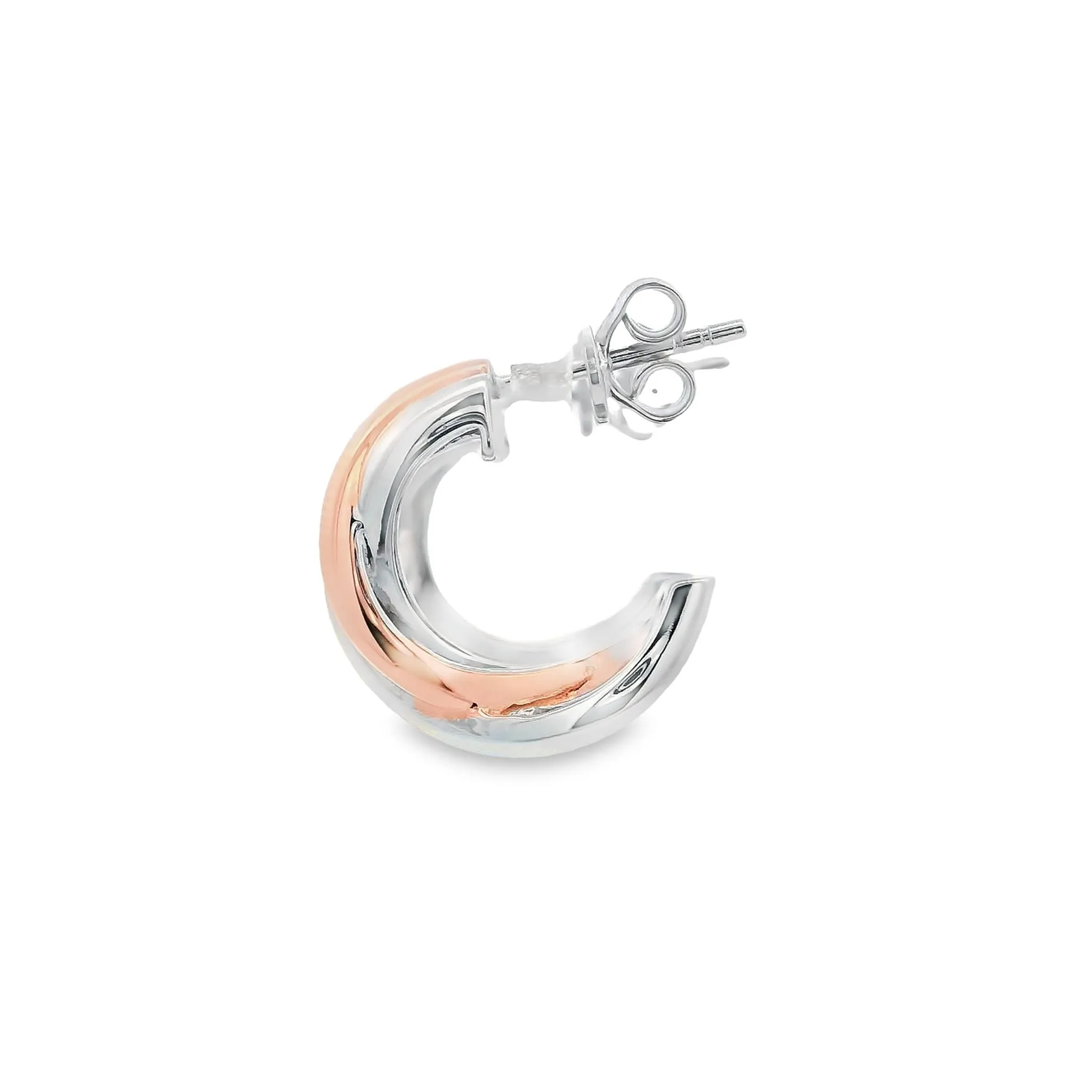 Sterling Silver Rhodium Plated And Rose Gold Plated Half Hoop Cross Over Stud Earrings