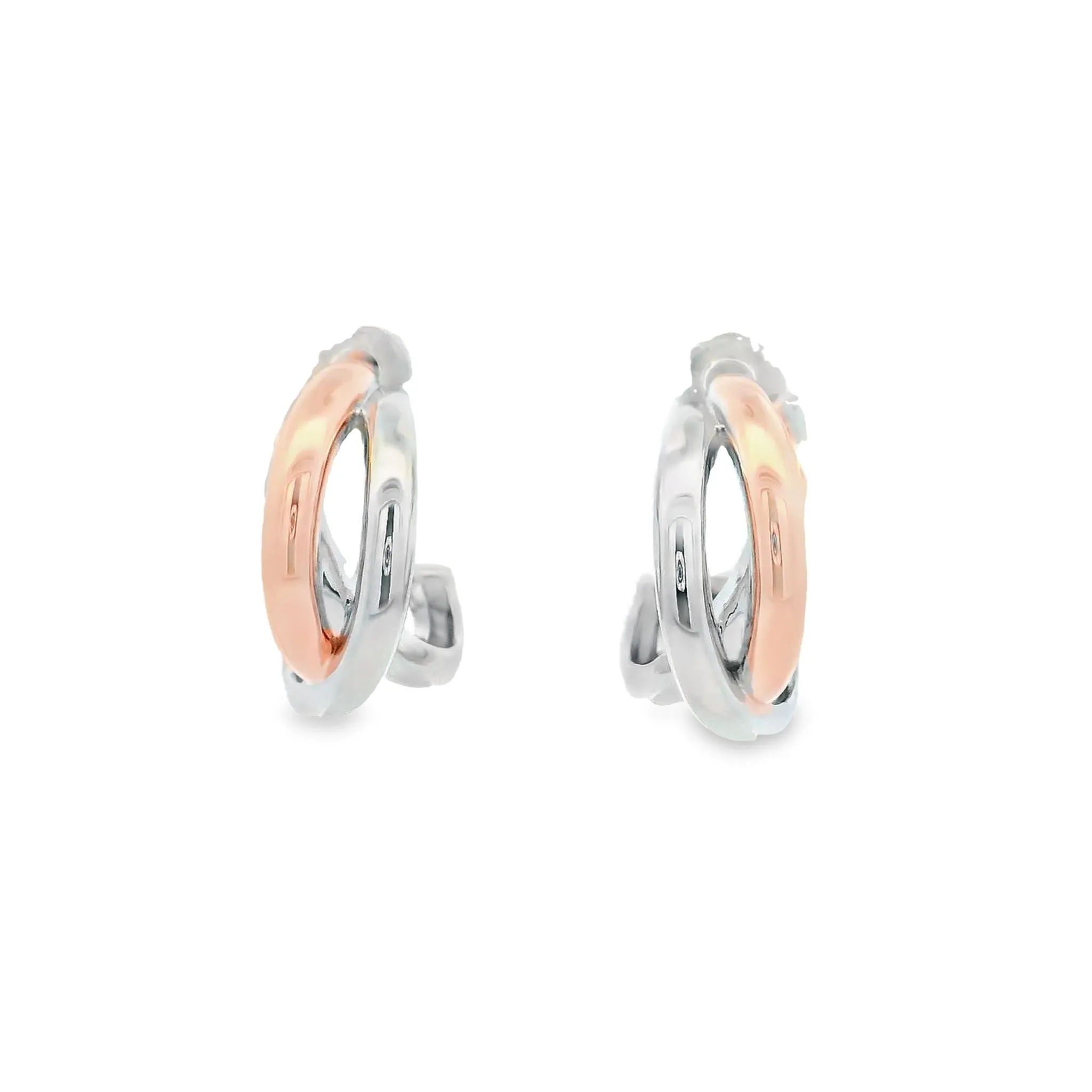 Sterling Silver Rhodium Plated And Rose Gold Plated Half Hoop Cross Over Stud Earrings