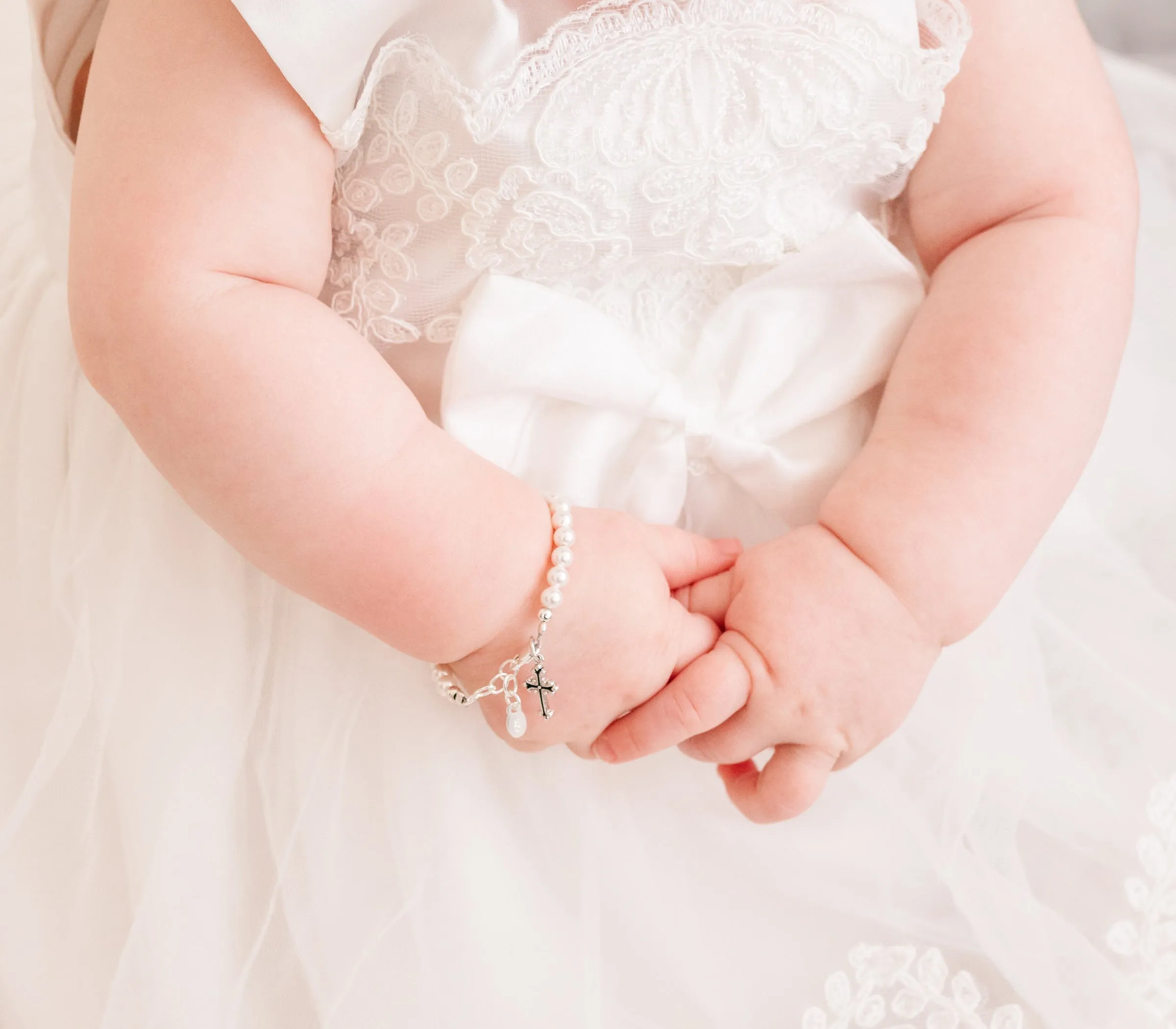 Sterling Silver Simulated Pearl with Cross Baptism Bracelet for Infants and Little Girls for Communion