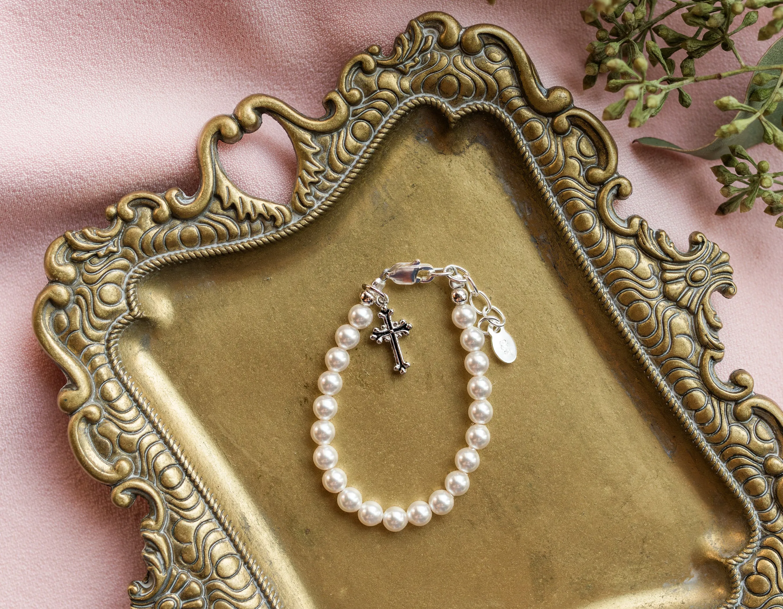 Sterling Silver Simulated Pearl with Cross Baptism Bracelet for Infants and Little Girls for Communion