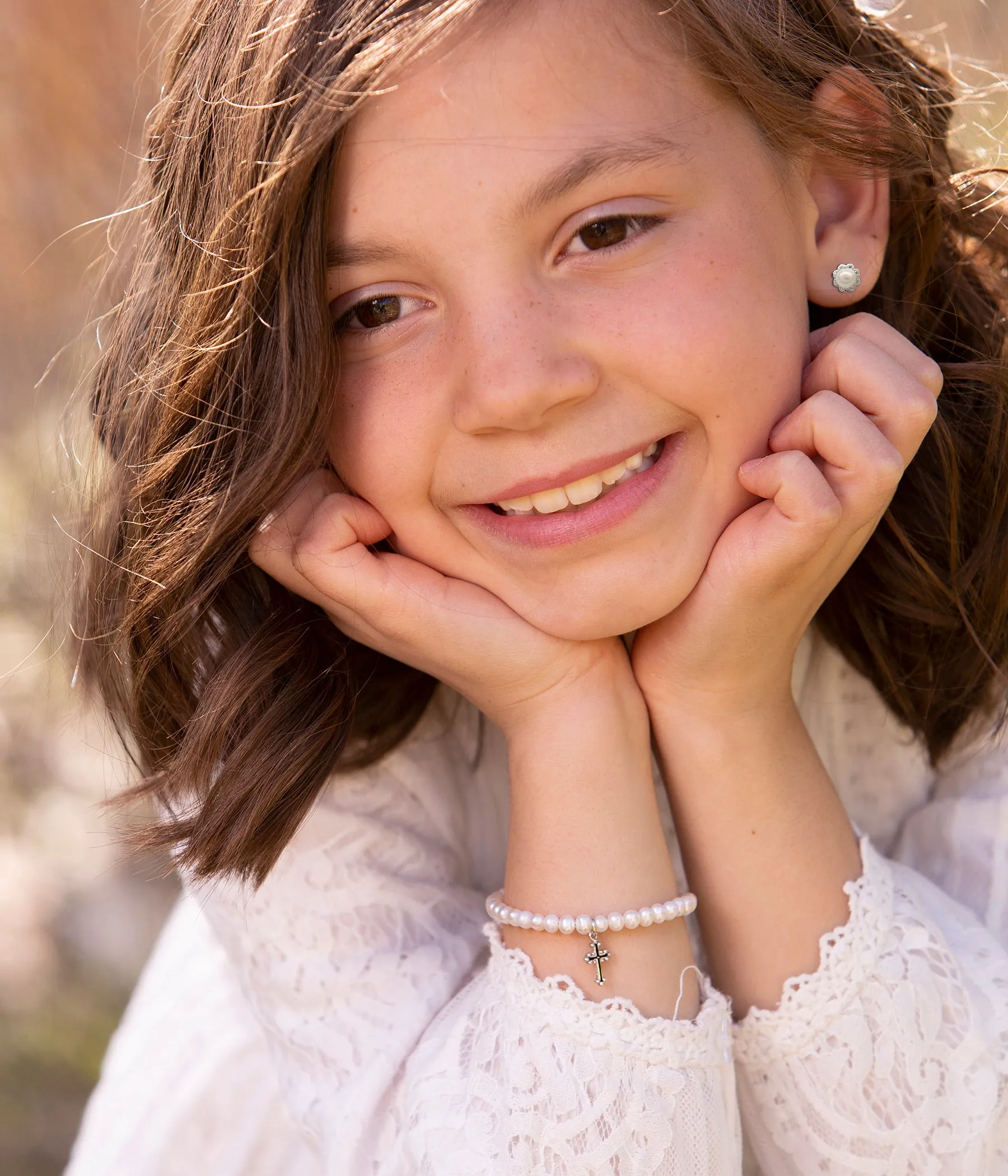 Sterling Silver Simulated Pearl with Cross Baptism Bracelet for Infants and Little Girls for Communion