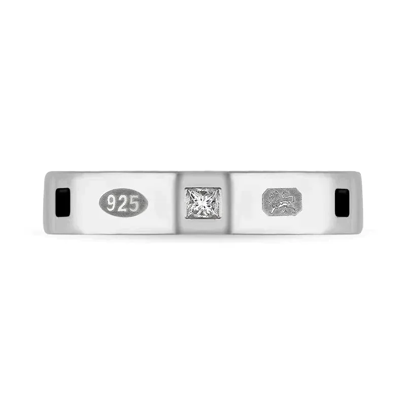 Sterling Silver Whitby Jet 0.09ct Diamond Queen's Jubilee Hallmark Princess Cut 4mm Ring D