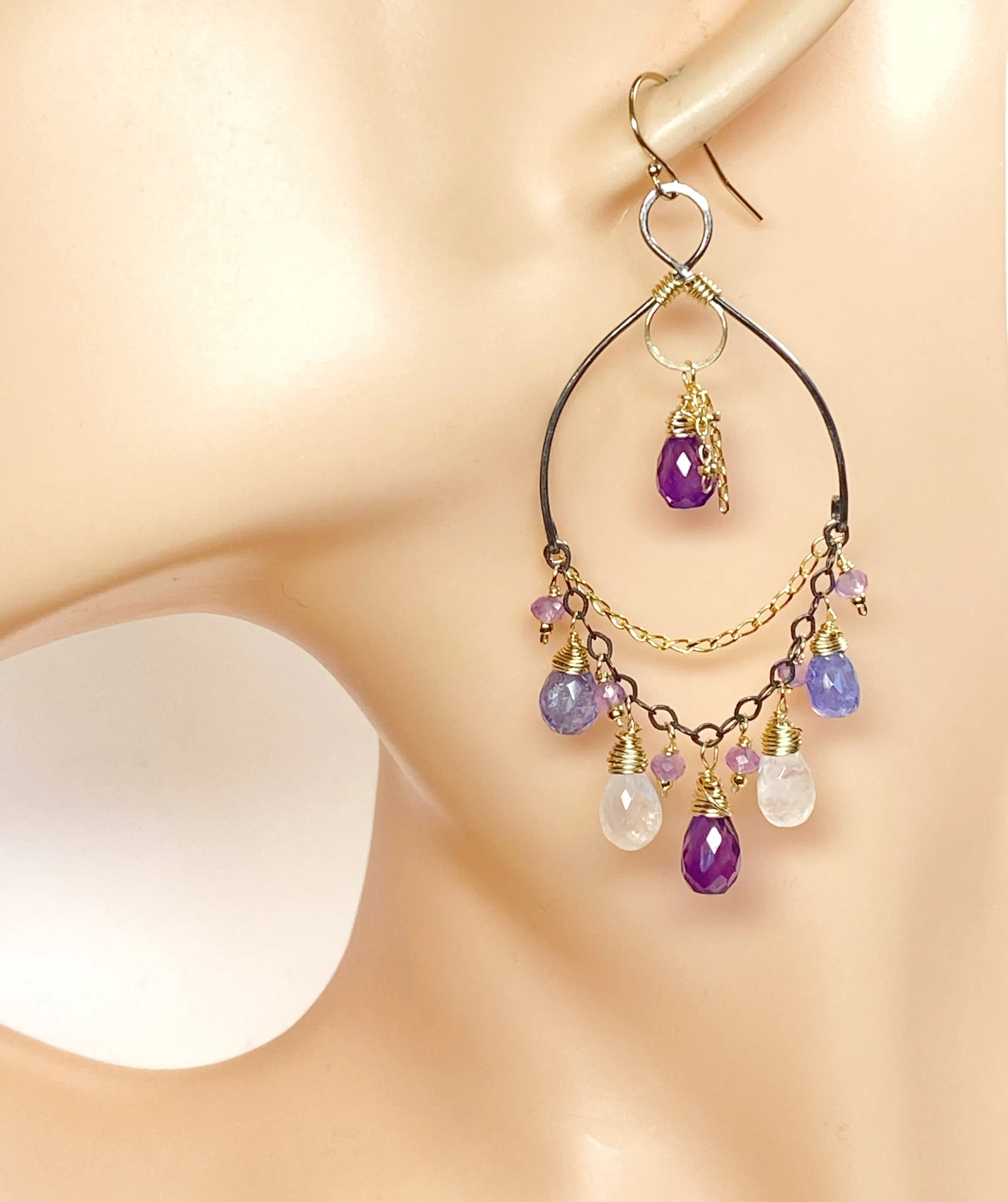 Tanzanite, Amethyst, Moonstone, Gemstone Mixed Metal Chandelier Earrings