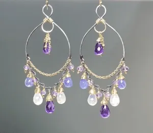 Tanzanite, Amethyst, Moonstone, Gemstone Mixed Metal Chandelier Earrings