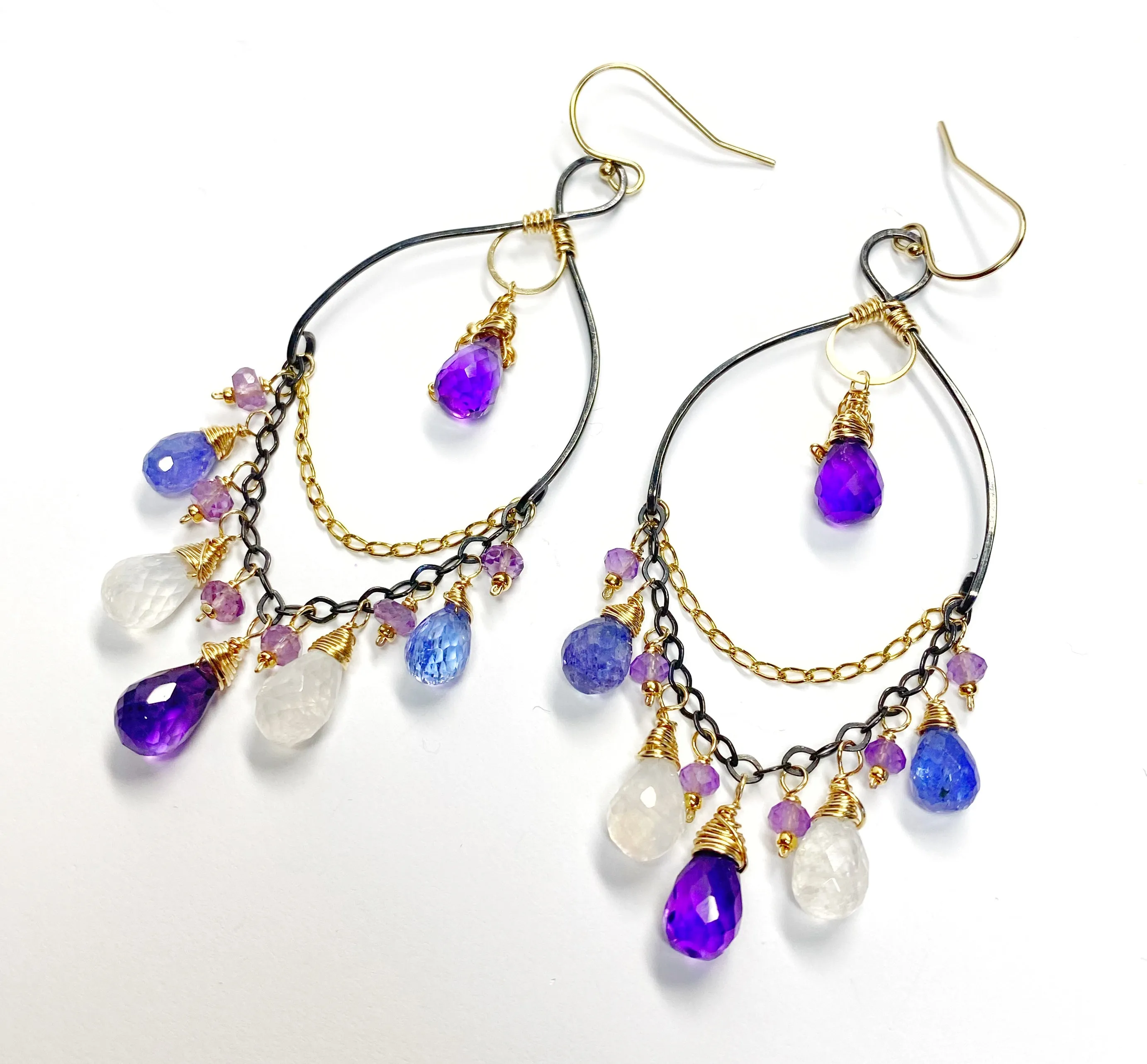 Tanzanite, Amethyst, Moonstone, Gemstone Mixed Metal Chandelier Earrings