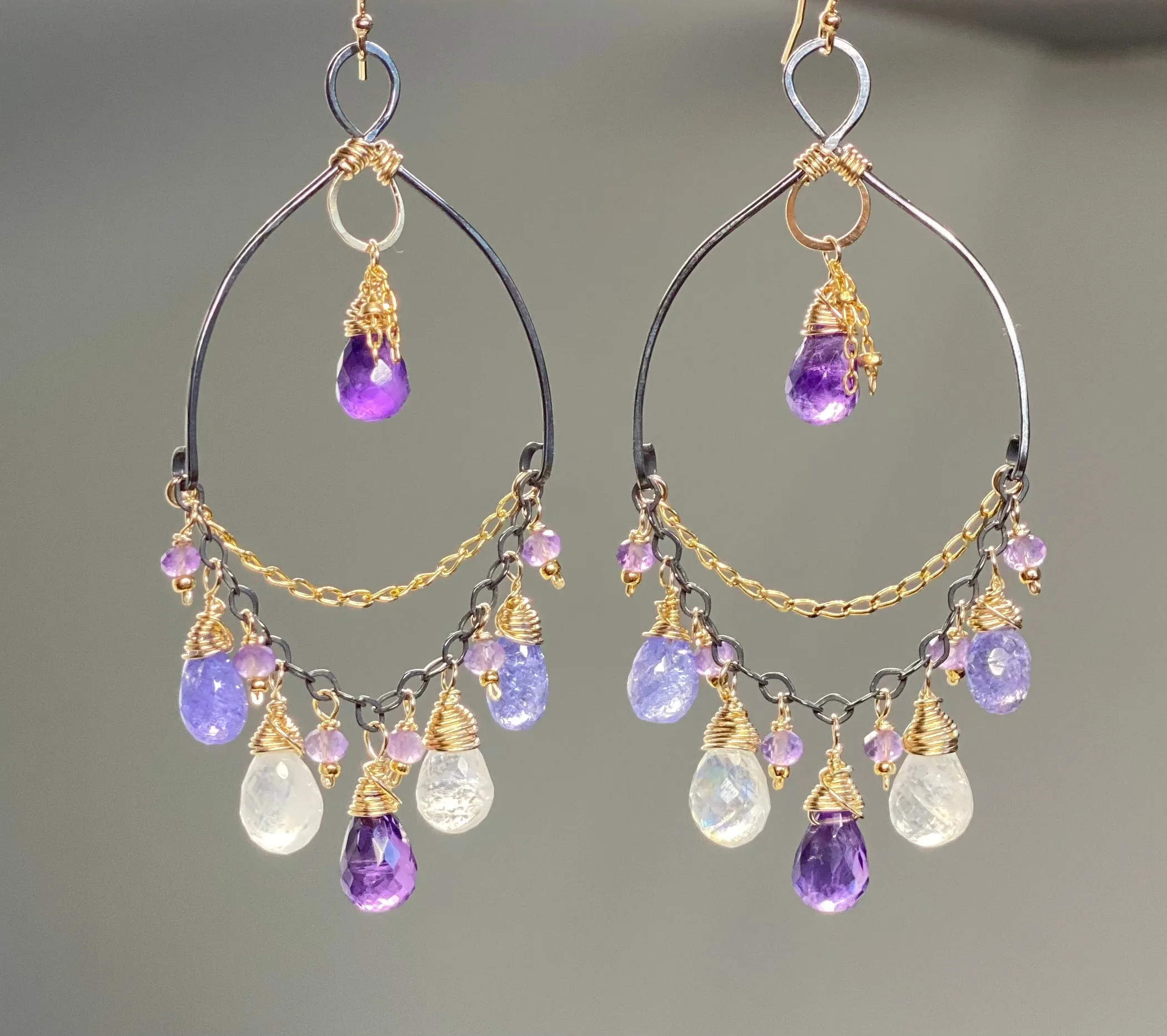 Tanzanite, Amethyst, Moonstone, Gemstone Mixed Metal Chandelier Earrings