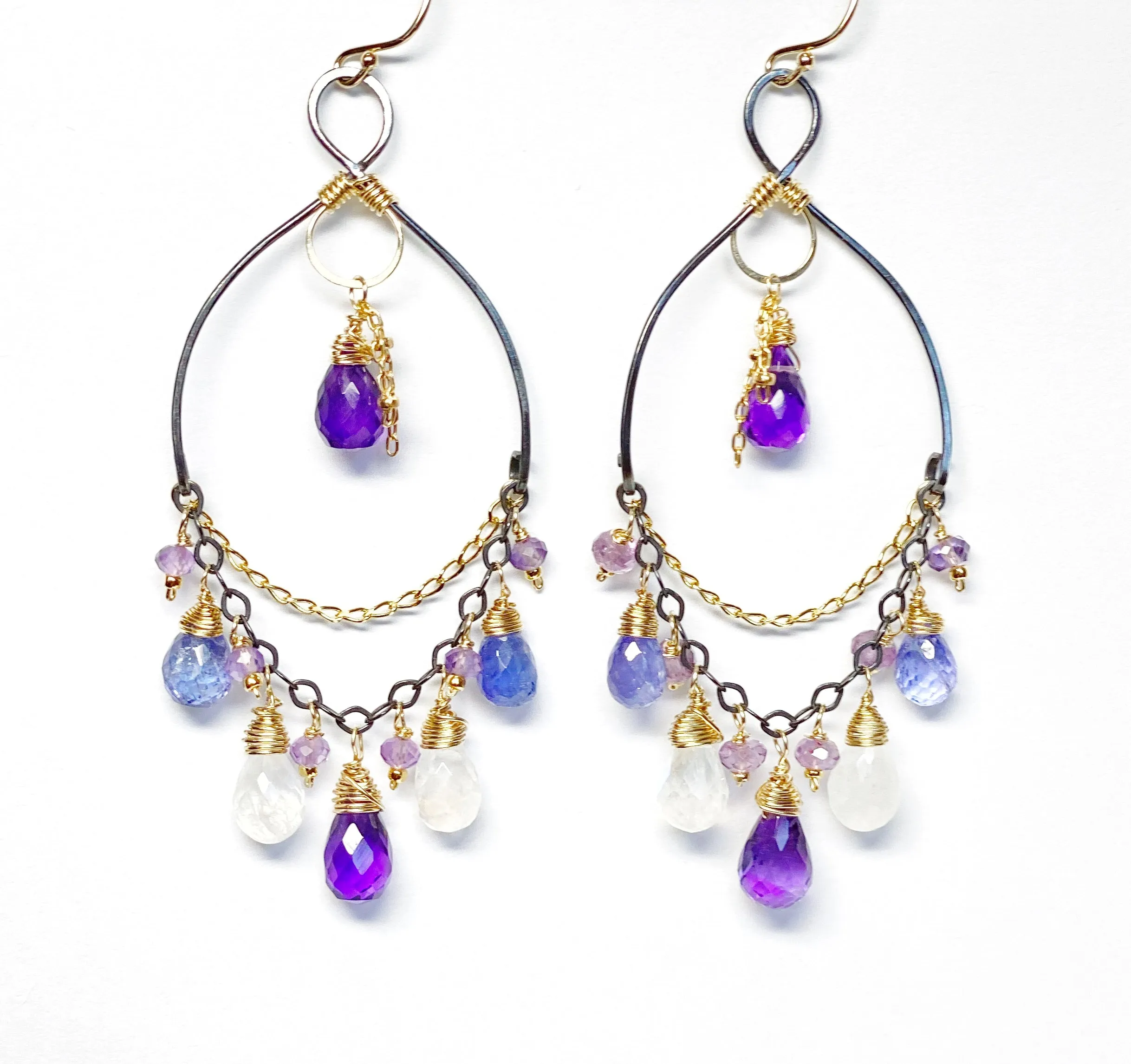 Tanzanite, Amethyst, Moonstone, Gemstone Mixed Metal Chandelier Earrings