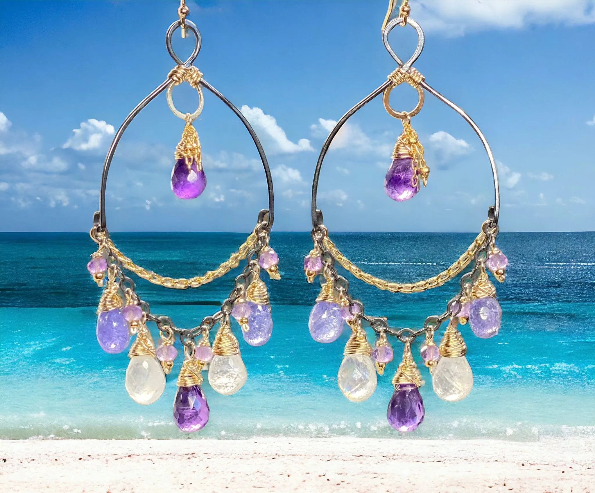 Tanzanite, Amethyst, Moonstone, Gemstone Mixed Metal Chandelier Earrings