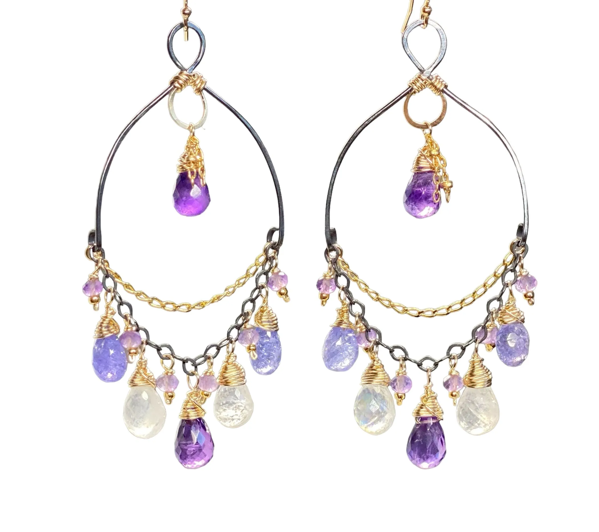Tanzanite, Amethyst, Moonstone, Gemstone Mixed Metal Chandelier Earrings