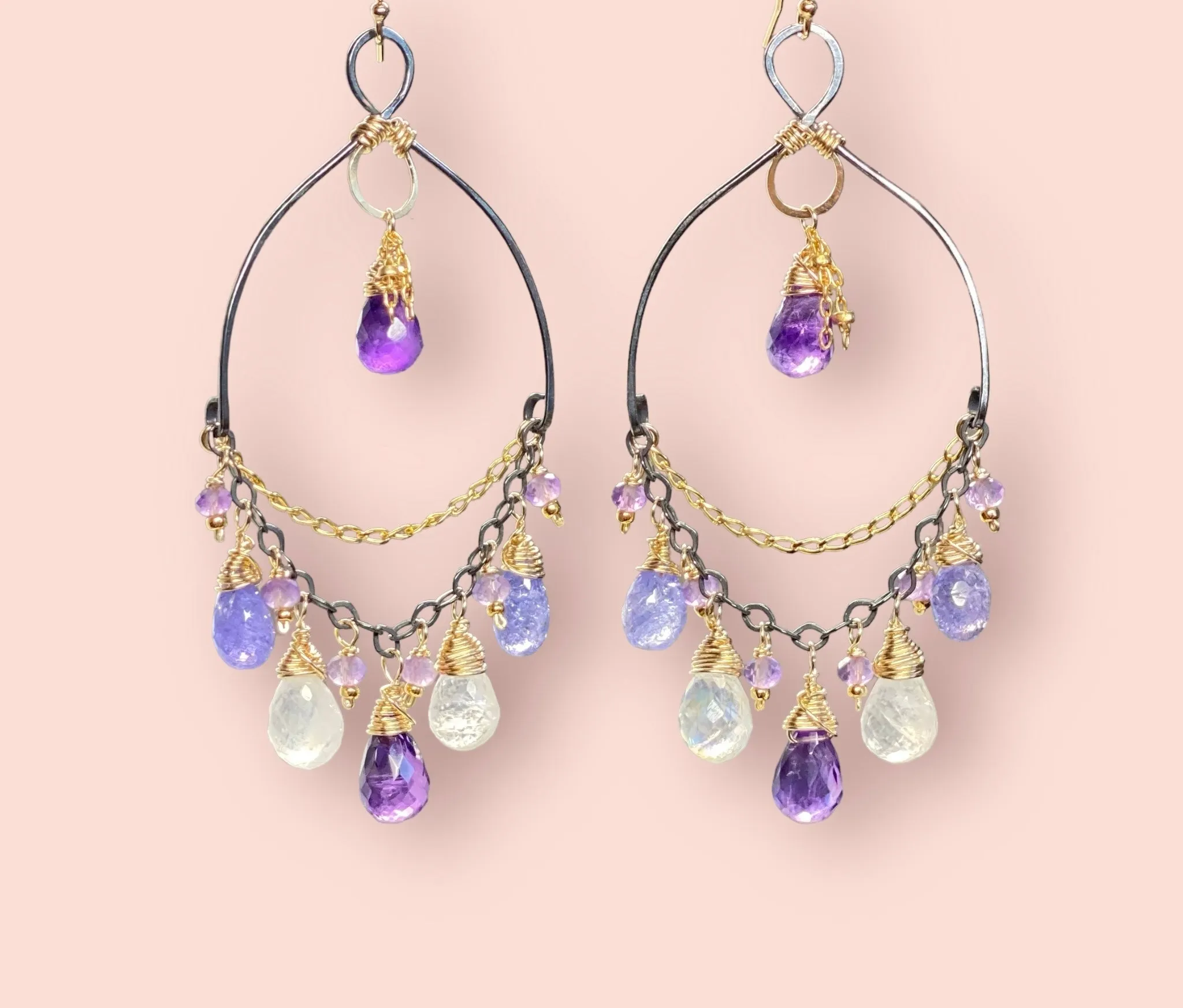 Tanzanite, Amethyst, Moonstone, Gemstone Mixed Metal Chandelier Earrings