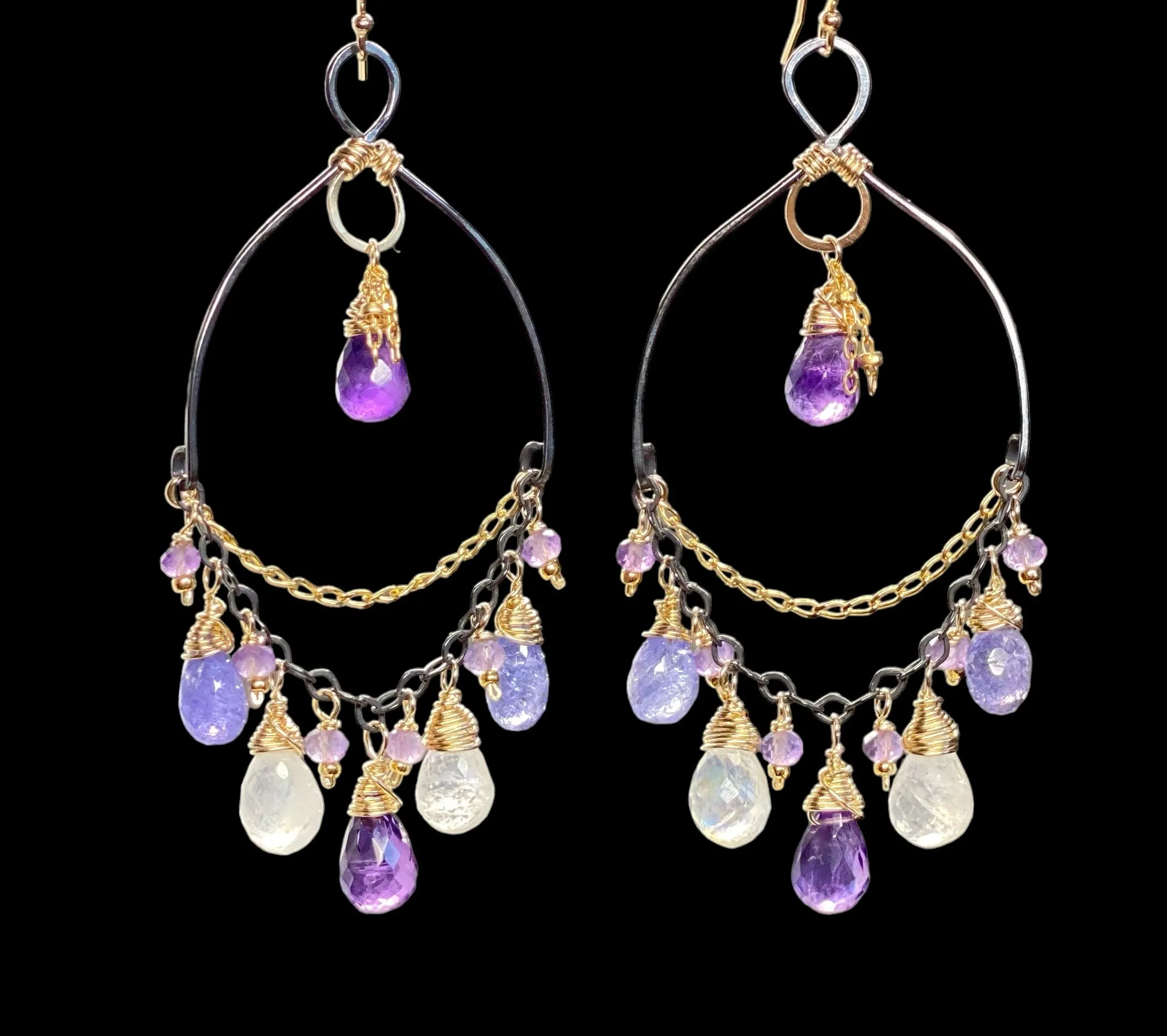 Tanzanite, Amethyst, Moonstone, Gemstone Mixed Metal Chandelier Earrings