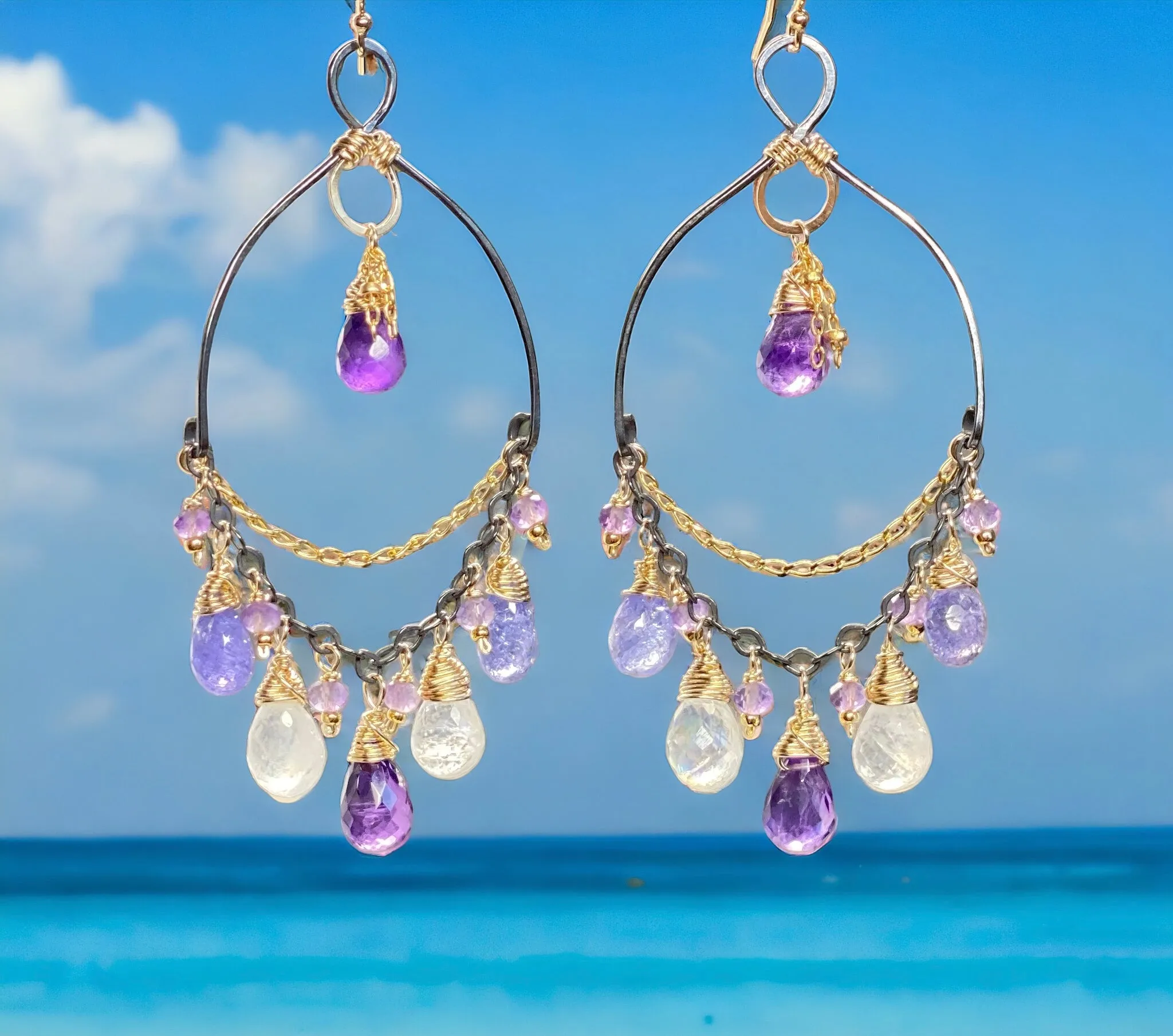 Tanzanite, Amethyst, Moonstone, Gemstone Mixed Metal Chandelier Earrings