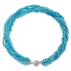 Teal Blue Statement Necklace Multi-Layer Beads Crystal Braided Chain Choker Collar Magnetic Clasp