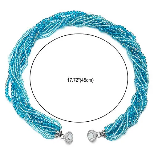 Teal Blue Statement Necklace Multi-Layer Beads Crystal Braided Chain Choker Collar Magnetic Clasp