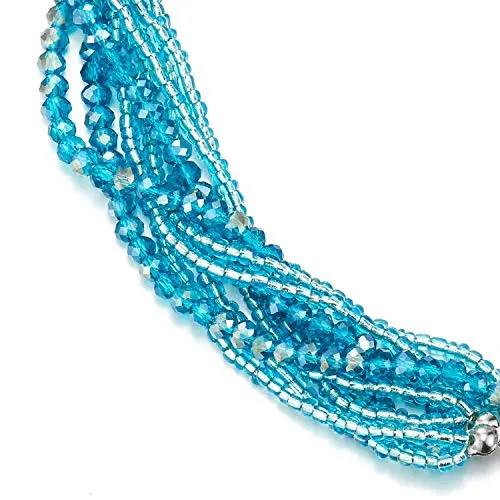 Teal Blue Statement Necklace Multi-Layer Beads Crystal Braided Chain Choker Collar Magnetic Clasp