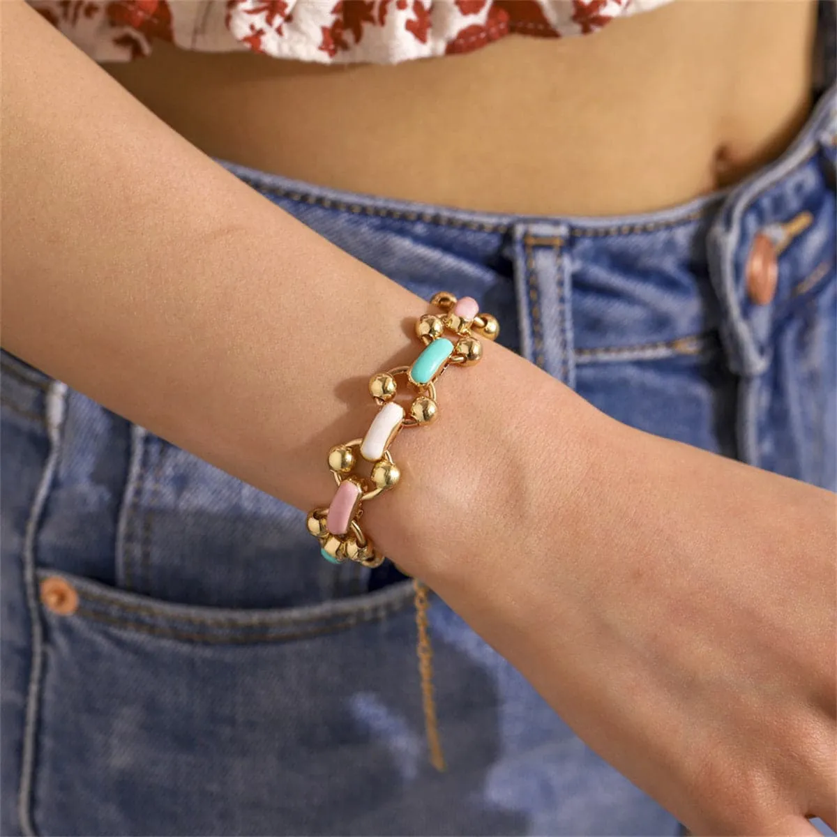 Teal Enamel & 18K Gold-Plated Bead Bracelet