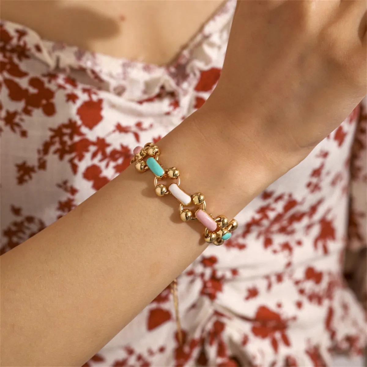 Teal Enamel & 18K Gold-Plated Bead Bracelet