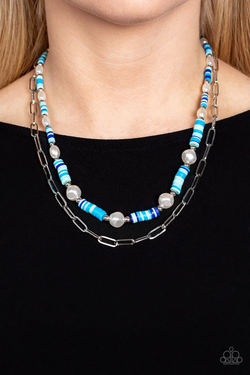 Tidal Trendsetter - Blue - Colorful Band White Pearl Paparazzi Tiered Short Necklace