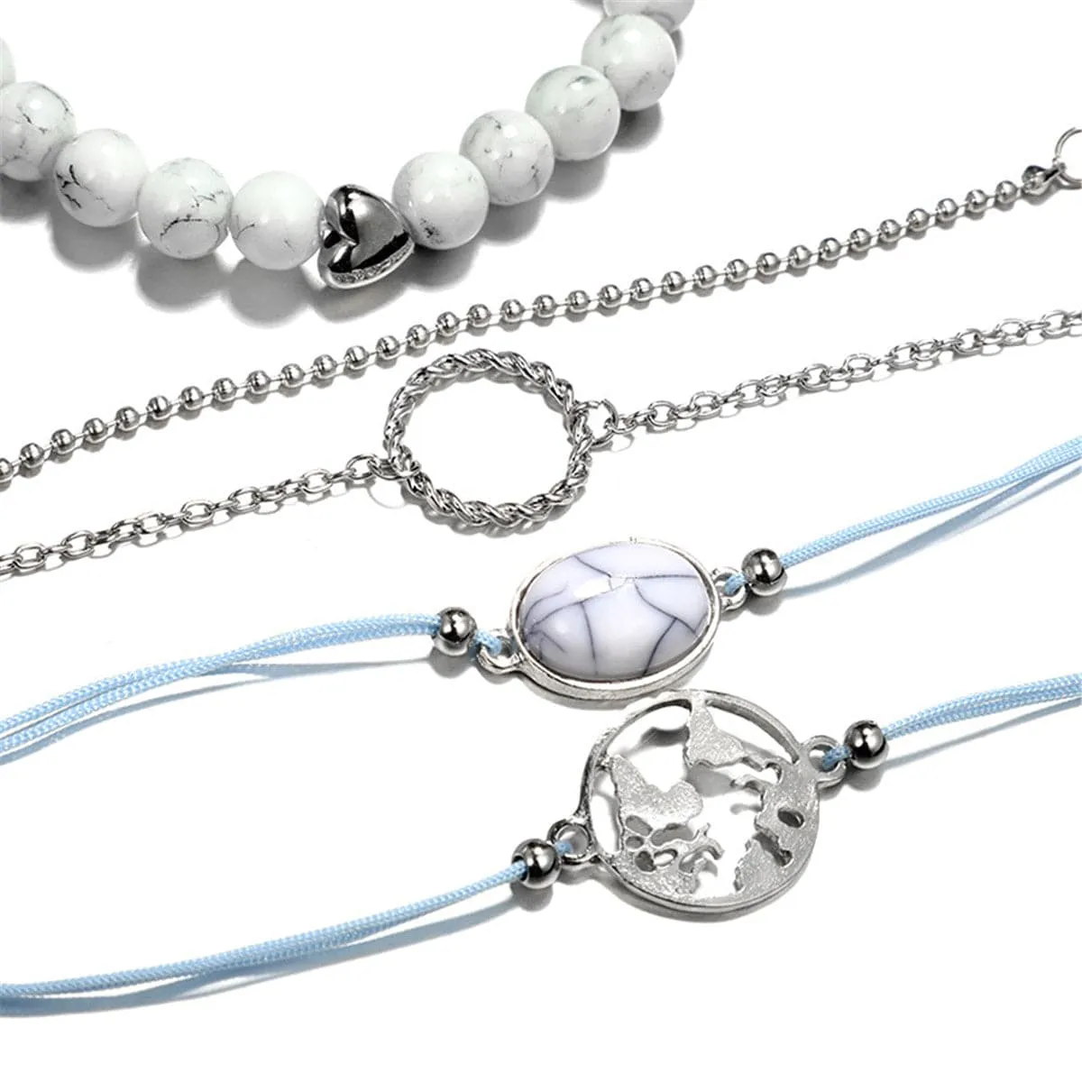 Turquoise & Silver-Plated Heart Map Bracelet Set