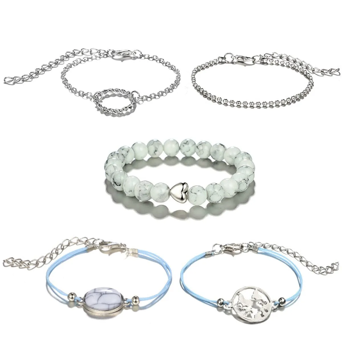 Turquoise & Silver-Plated Heart Map Bracelet Set