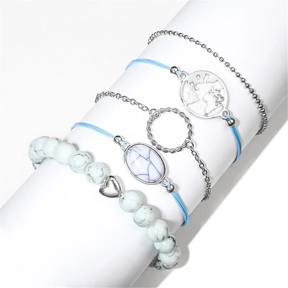 Turquoise & Silver-Plated Heart Map Bracelet Set