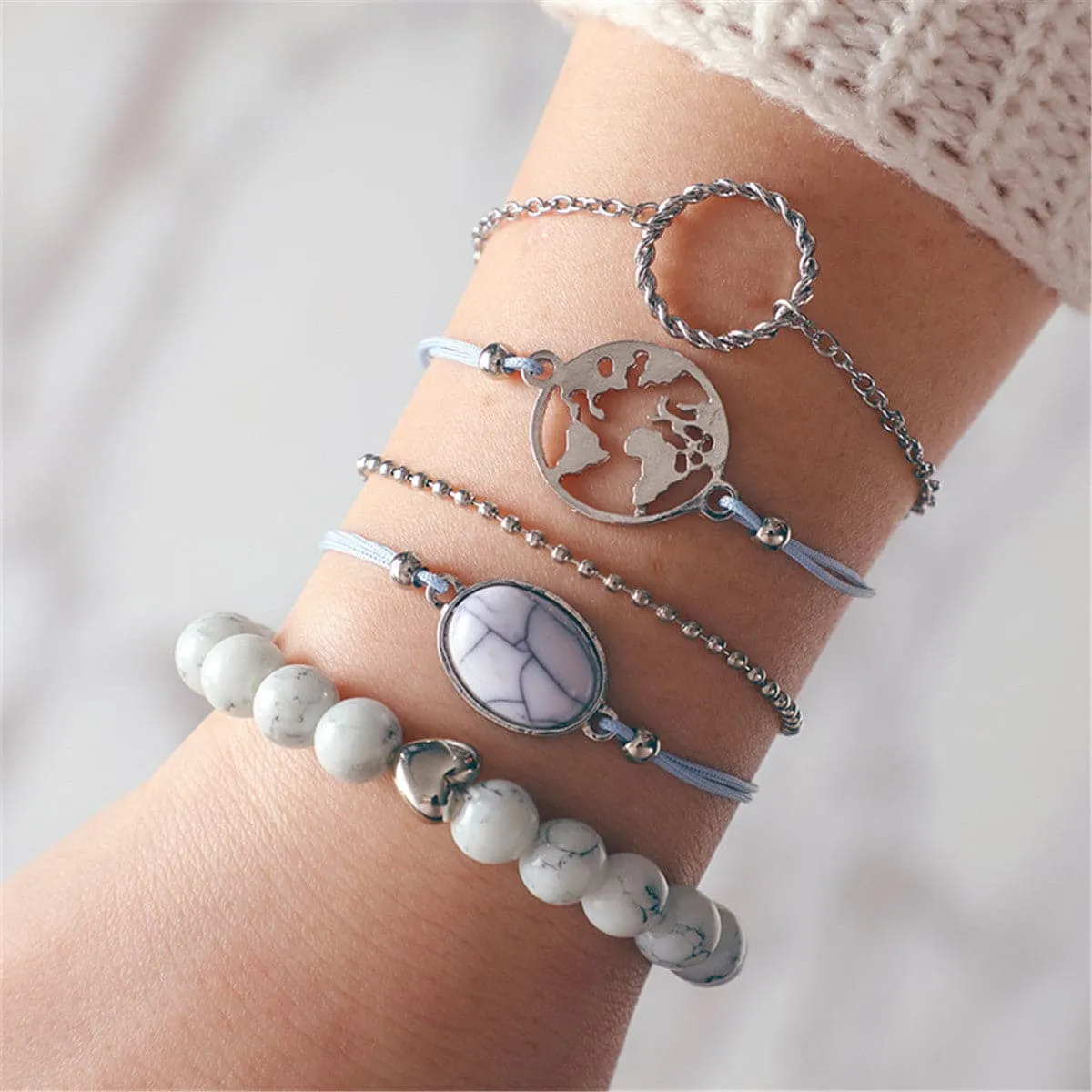 Turquoise & Silver-Plated Heart Map Bracelet Set