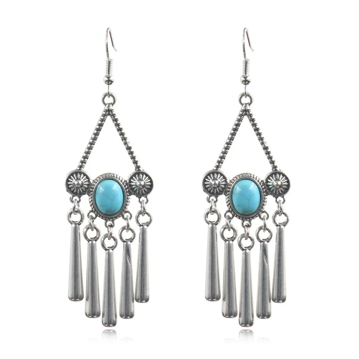 Turquoise & Silver-Plated Triangle Tassel Drop Earrings