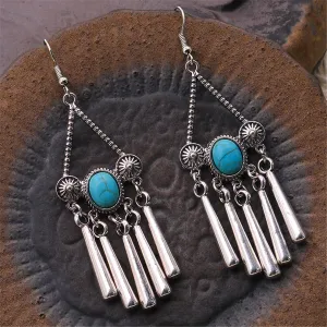 Turquoise & Silver-Plated Triangle Tassel Drop Earrings