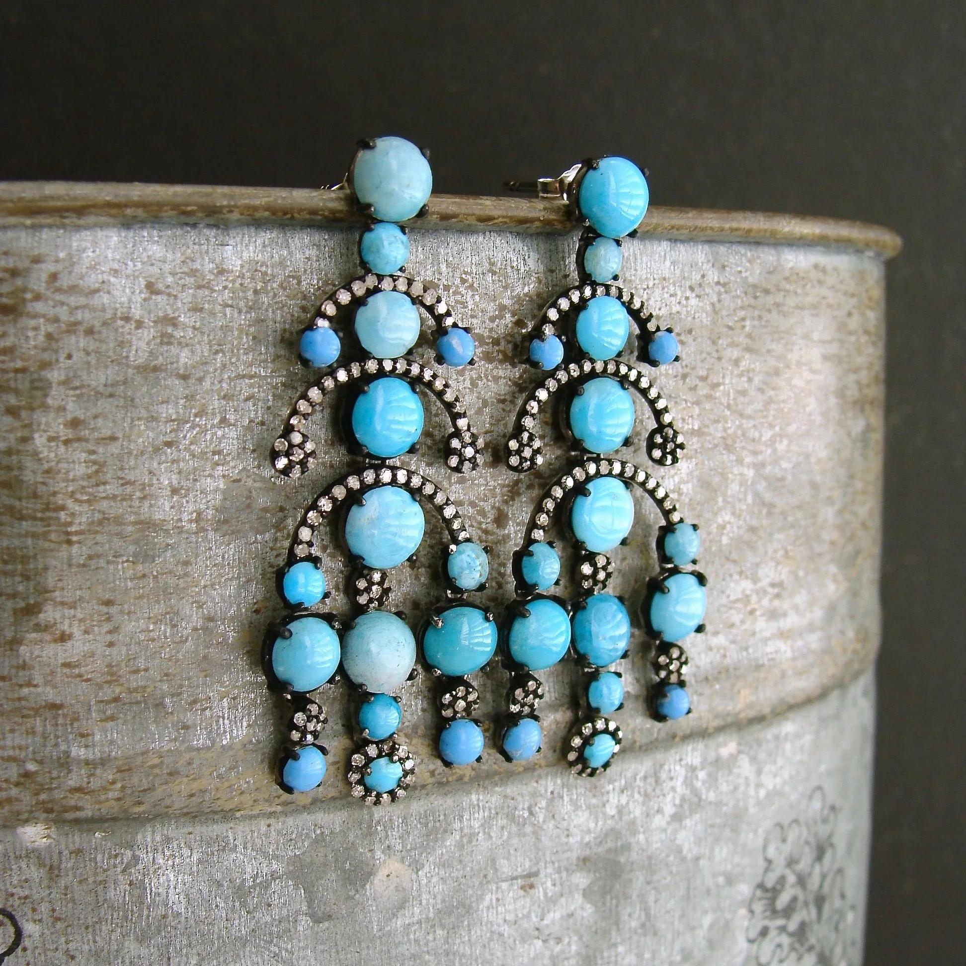 Turquoise Diamond Rhodium Silver Chandelier Earrings - Aveline Earrings