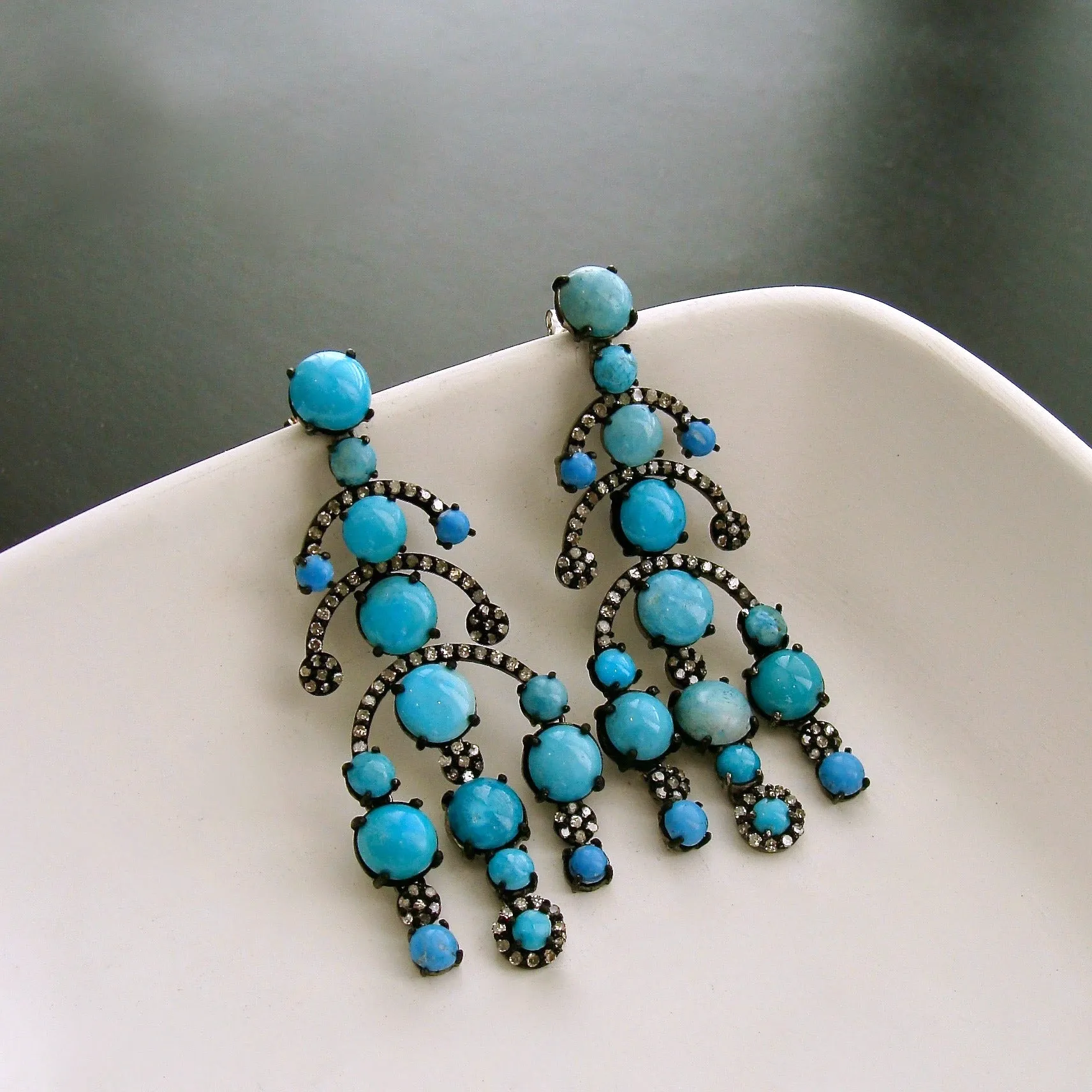 Turquoise Diamond Rhodium Silver Chandelier Earrings - Aveline Earrings