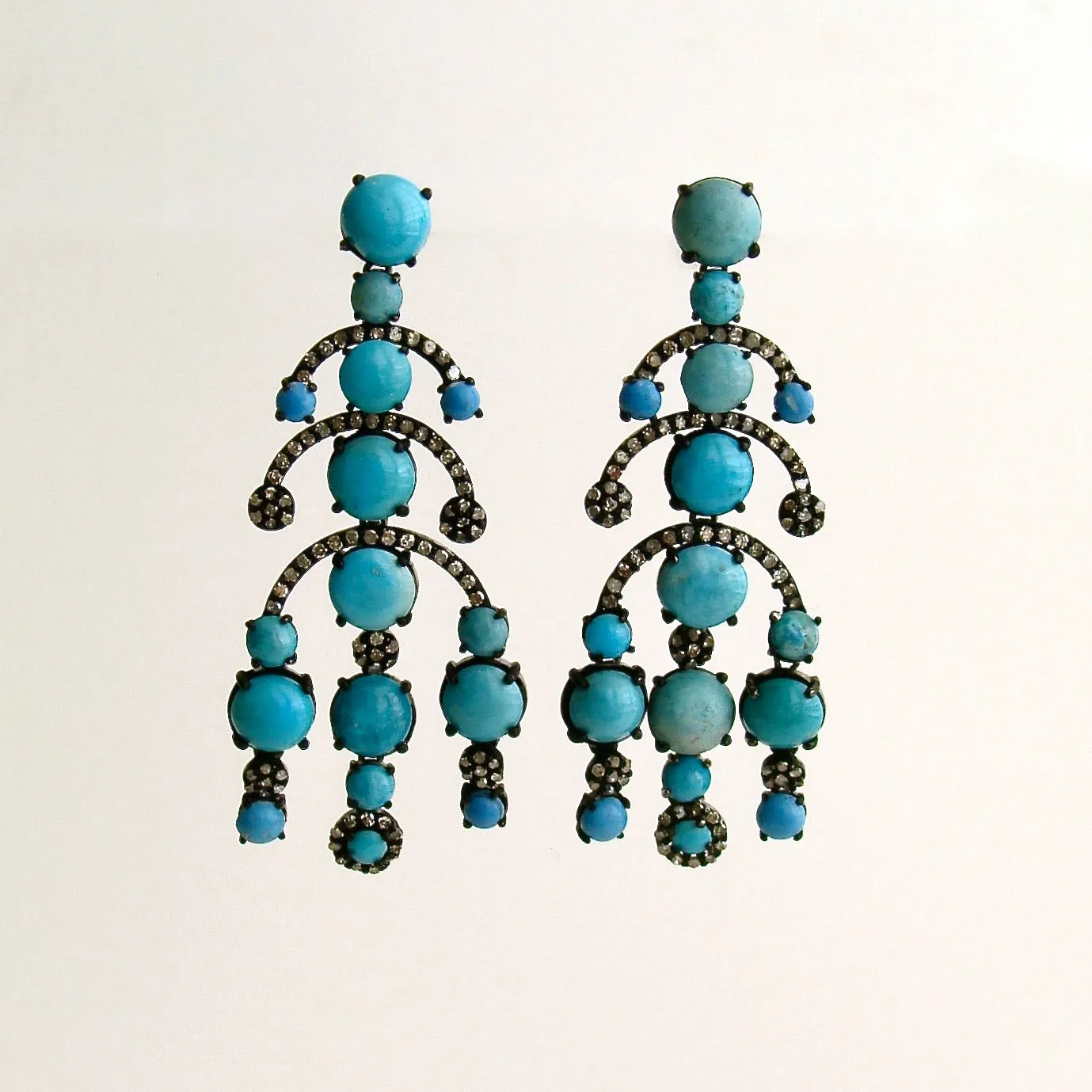Turquoise Diamond Rhodium Silver Chandelier Earrings - Aveline Earrings