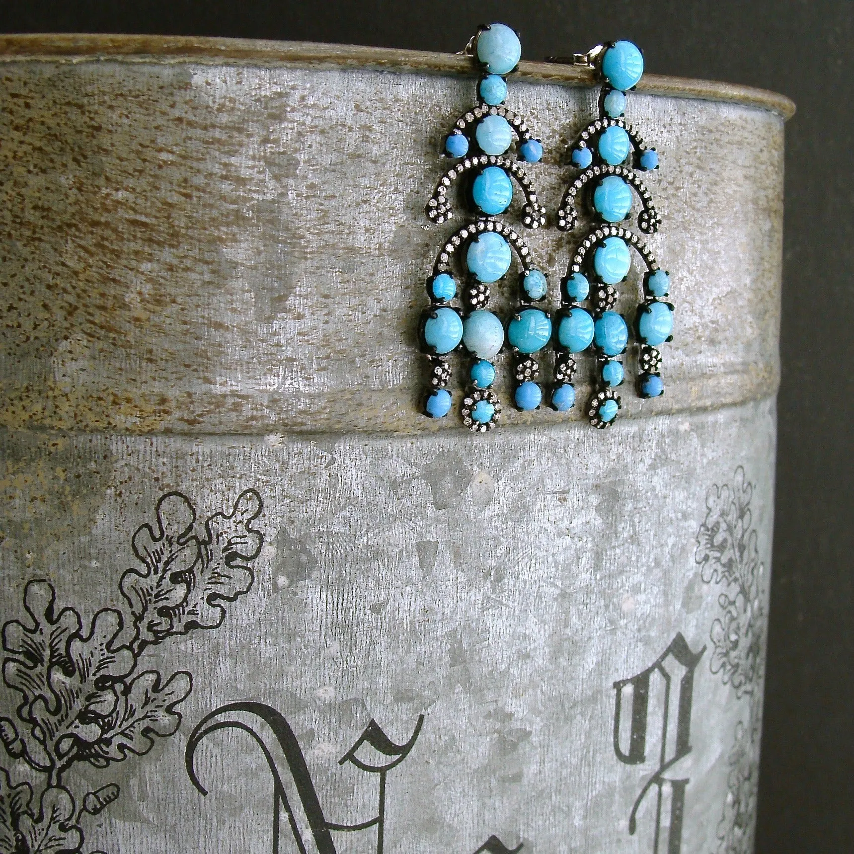 Turquoise Diamond Rhodium Silver Chandelier Earrings - Aveline Earrings