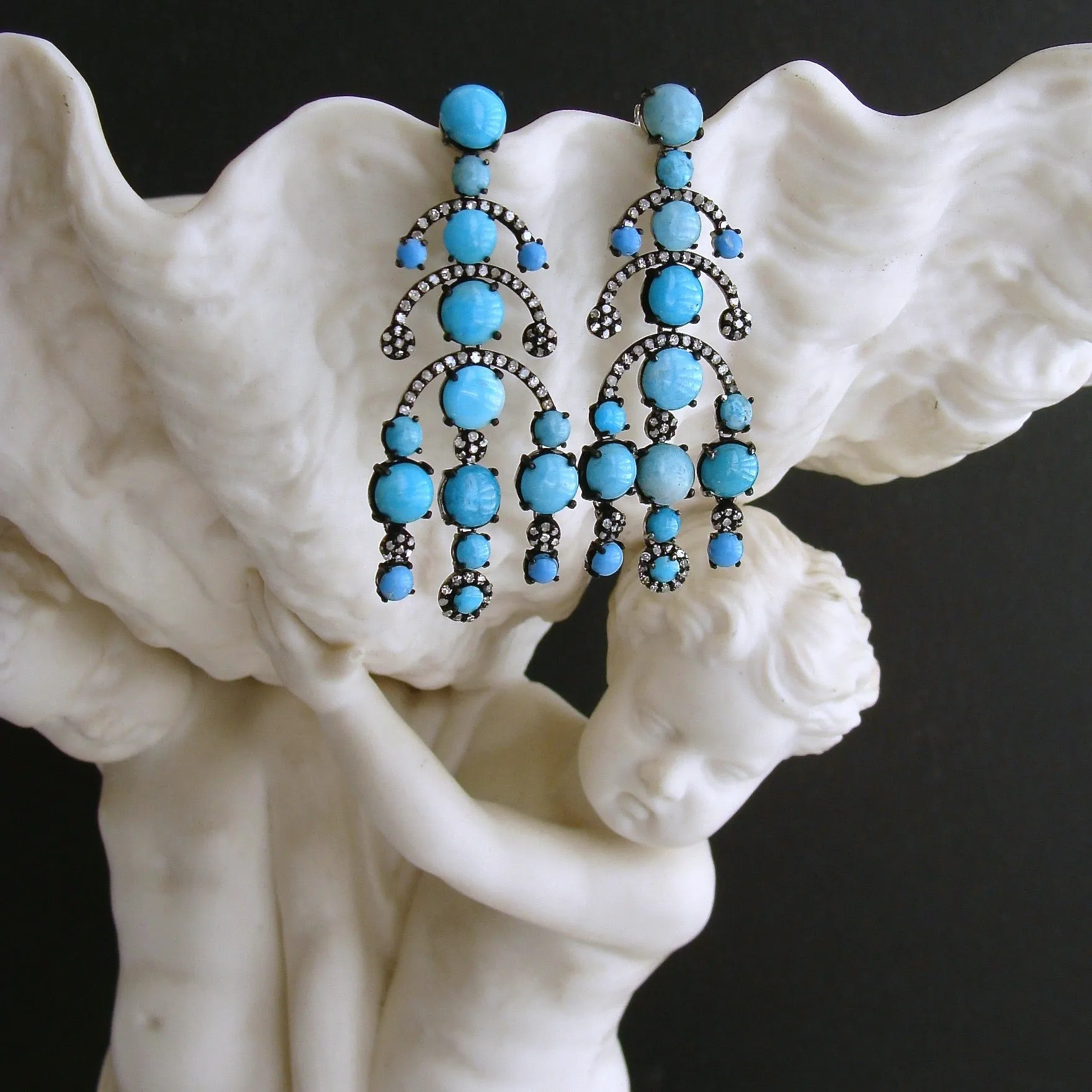Turquoise Diamond Rhodium Silver Chandelier Earrings - Aveline Earrings