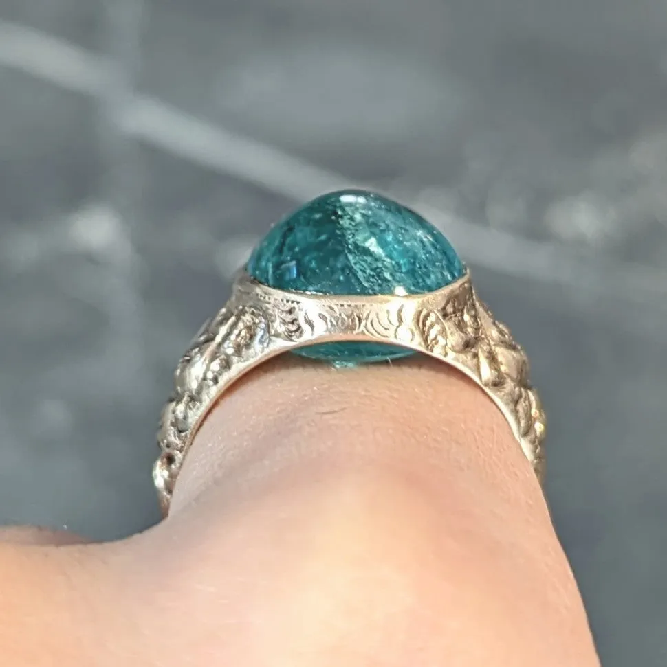 Victorian 10.16 CTW Emerald Cabochon 14 Karat Gold Scroll Antique Signet Ring
