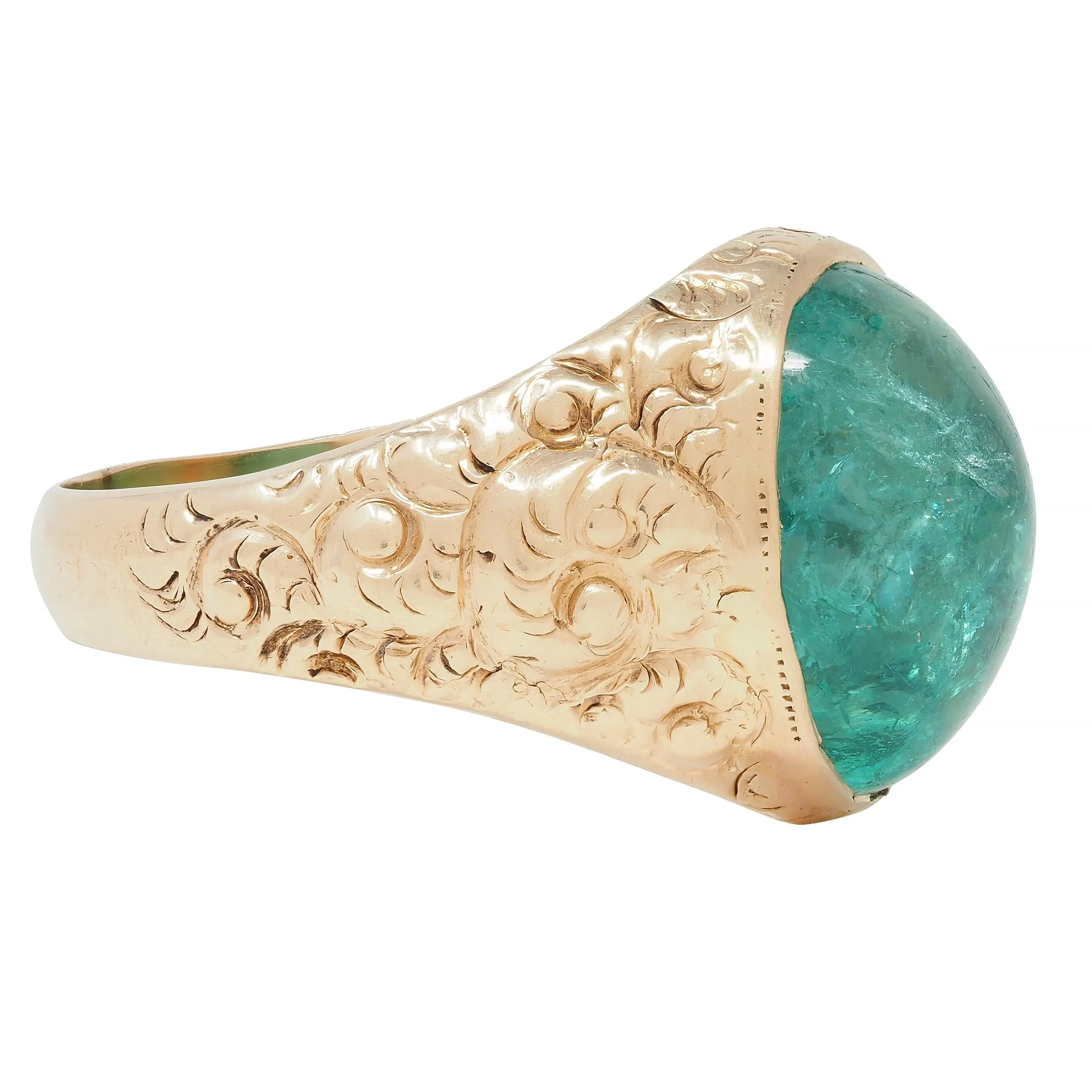 Victorian 10.16 CTW Emerald Cabochon 14 Karat Gold Scroll Antique Signet Ring