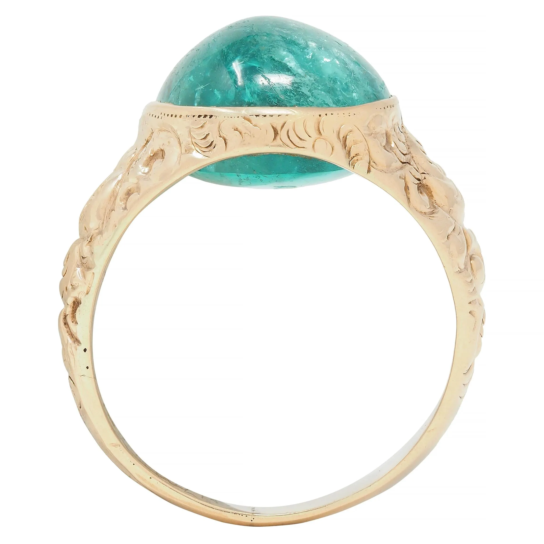 Victorian 10.16 CTW Emerald Cabochon 14 Karat Gold Scroll Antique Signet Ring