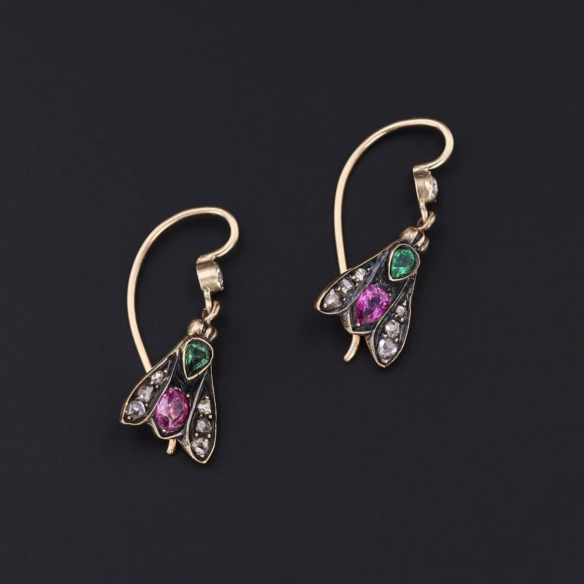 Victorian Gemstone Insect Conversion Earrings of 14k Gold