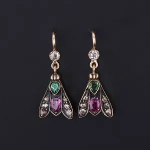 Victorian Gemstone Insect Conversion Earrings of 14k Gold
