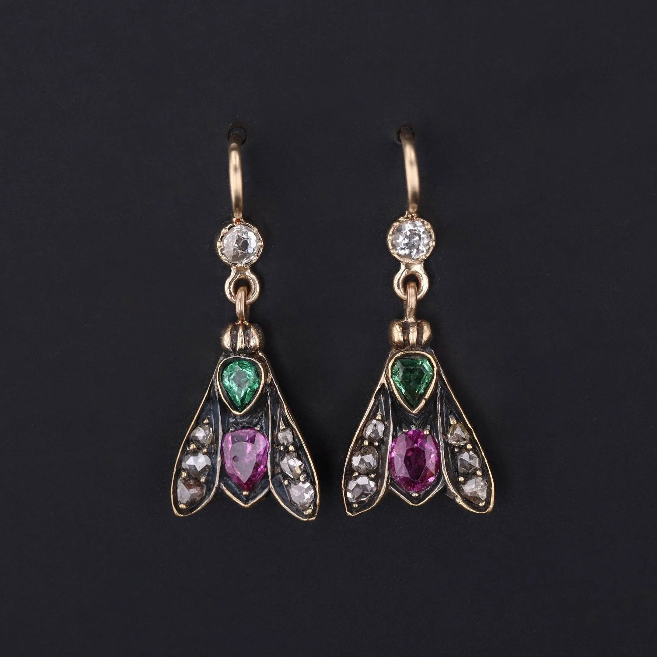Victorian Gemstone Insect Conversion Earrings of 14k Gold