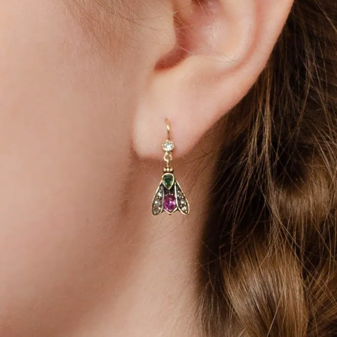 Victorian Gemstone Insect Conversion Earrings of 14k Gold