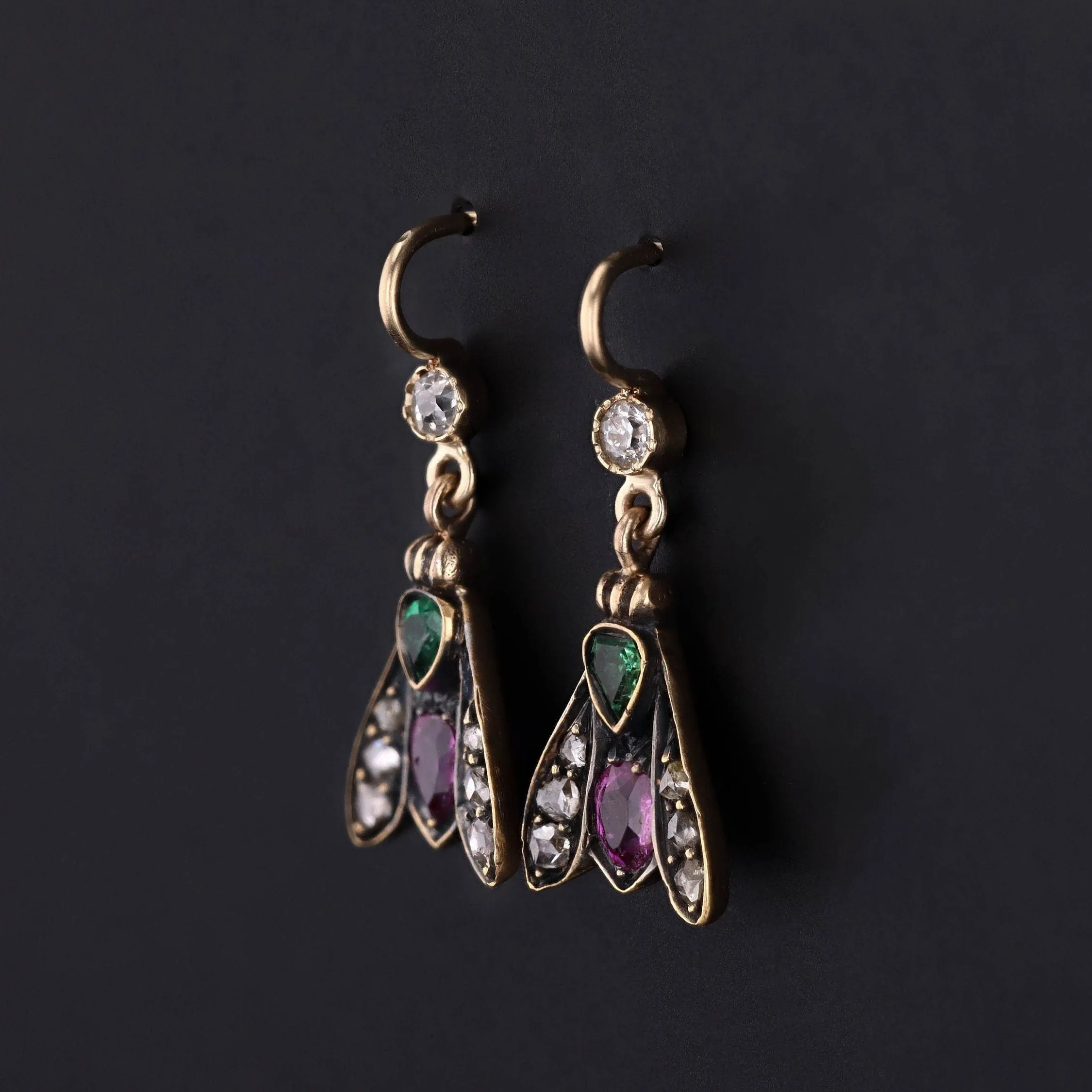 Victorian Gemstone Insect Conversion Earrings of 14k Gold