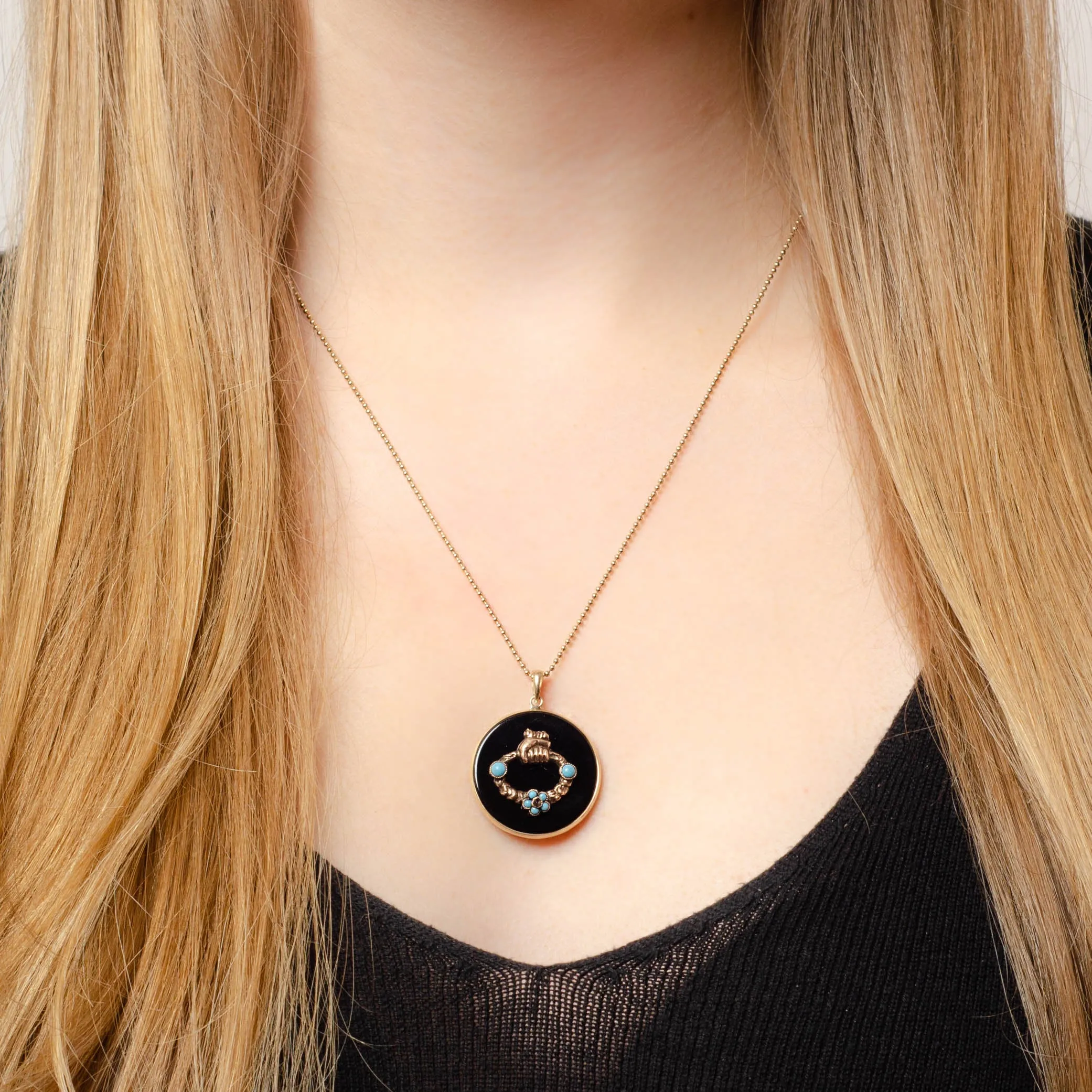 Victorian Turquoise and Onyx Conversion Pendant of 14k Gold