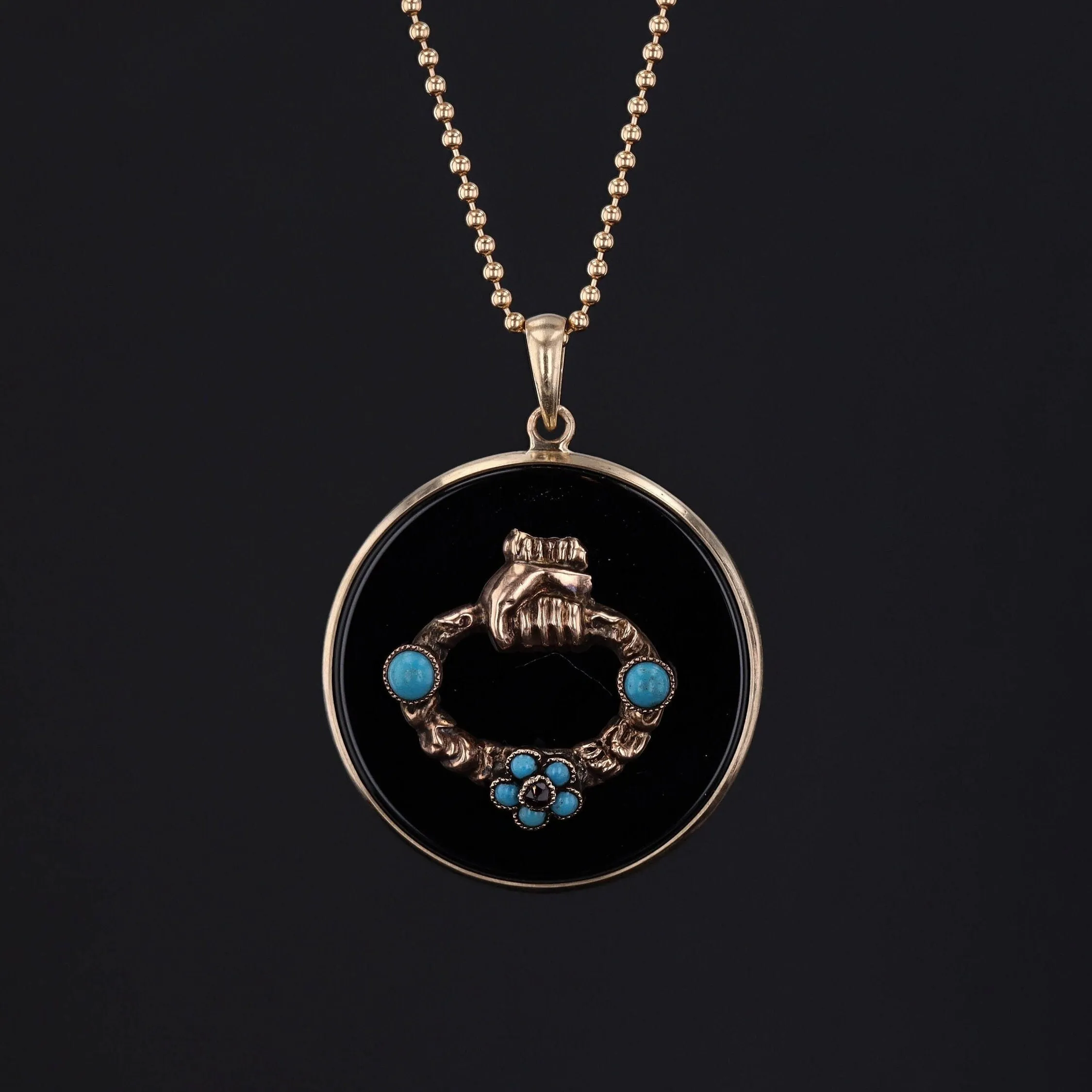 Victorian Turquoise and Onyx Conversion Pendant of 14k Gold