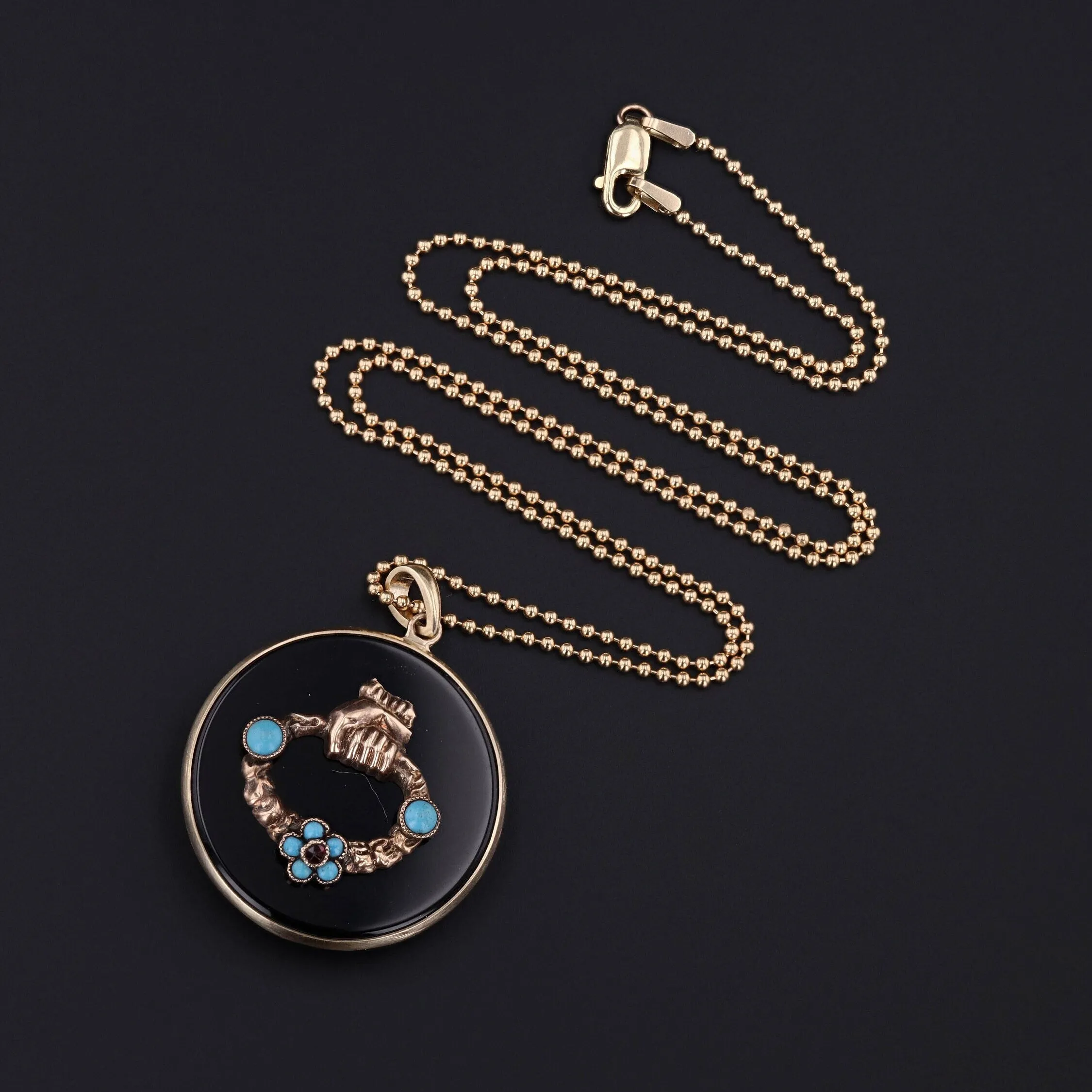 Victorian Turquoise and Onyx Conversion Pendant of 14k Gold
