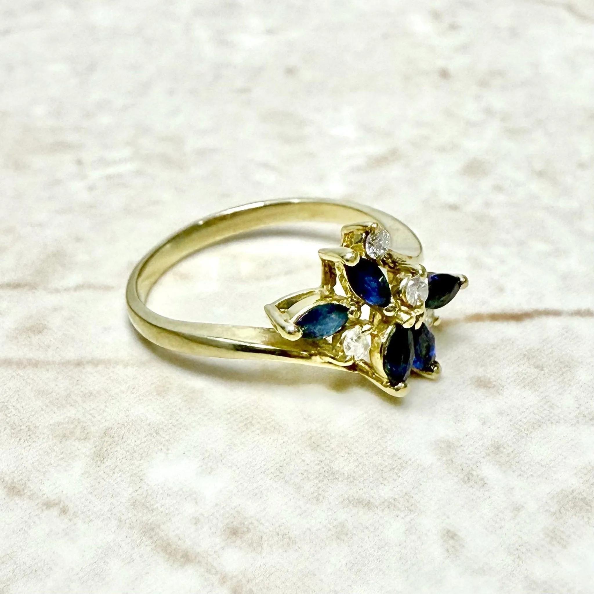 Vintage 14 Karat Yellow Gold Blue Sapphire & Diamond Cocktail Ring